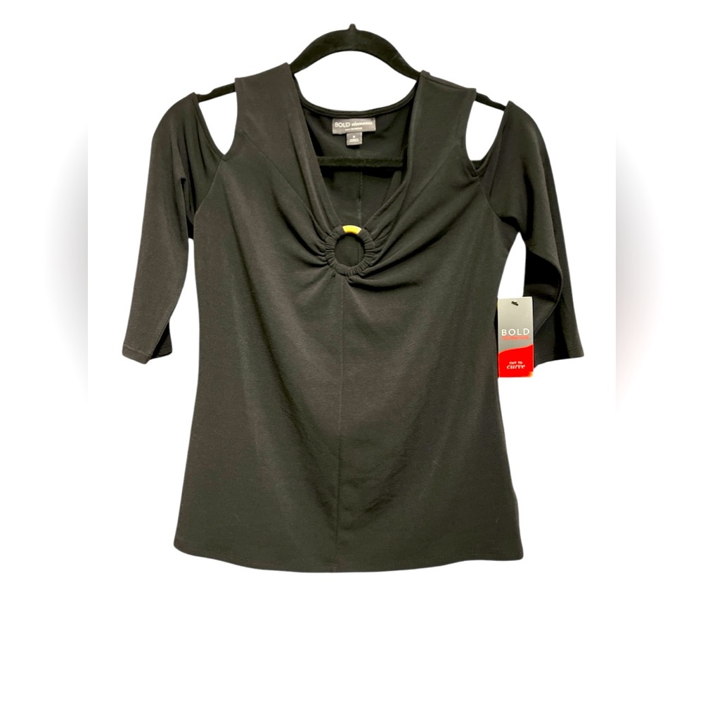 Bold Elements Women’s Blouse Size Small Black Cold Shoulder V-neck Elbow Sleeve